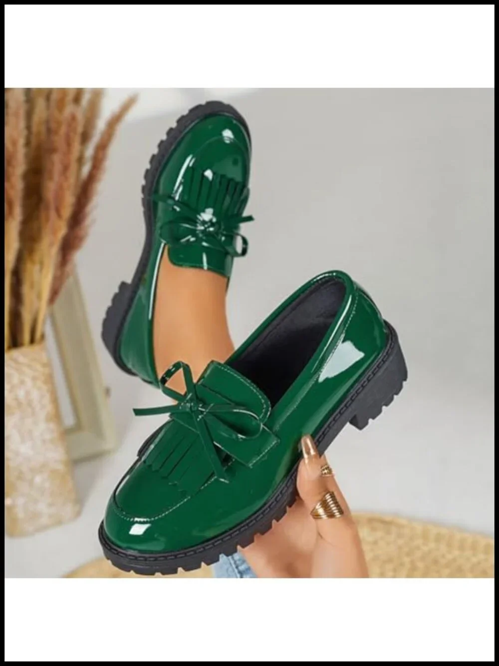Patent Leather Tassel Loafers, Round Toe with Bow, Low Chunky Heel, Slip-On